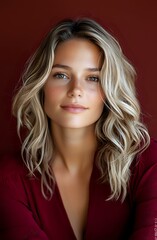 Naklejka premium Young Caucasian woman with wavy blonde hair and natural makeup smiling softly against burgundy background. Professional portrait highlighting feminine beauty and confidence.