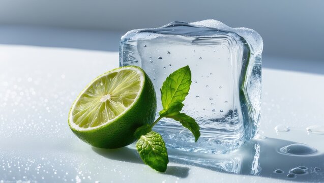 Slice of lime wedge, ice, and mint on a background.
