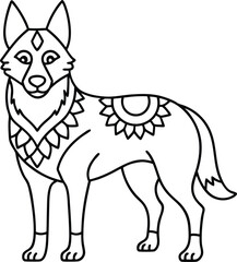 Stylized Wolf Standing with Floral Ornamentation in Black and White Outline