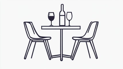 Simple outline illustration of a table and chairs with wine glasses and bottle, for restaurant or cafe concept