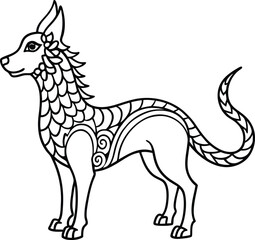 Fototapeta premium Standing Dog Line Art with Flower Outline Ornament Design on Transparent Background