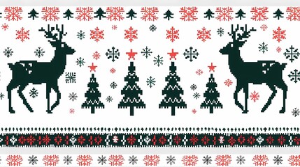A Christmas sweater pattern with reindeer and snowflakes, featuring black lines on a white background, Generative AI illustrations.