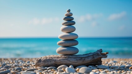 Fototapeta premium Stones arranged in a pyramid shape on the sunny seashore with a blue sea in the background. Pebble coast, serene sea, theme of joyful beach vacation, meditation, spa, calmness.