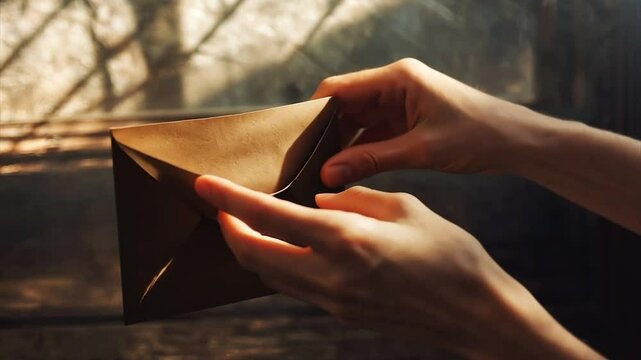 Sunlit hands carefully opening a vintage brown envelope