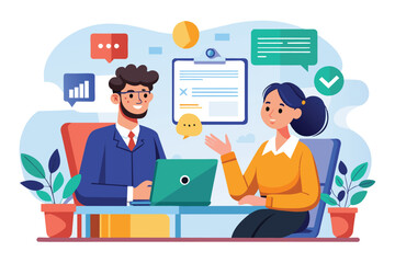 Two colleagues collaborate on a project in a contemporary office. The man uses a laptop while the woman presents ideas, surrounded by digital communication elements.