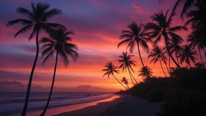 Obraz premium Silhouette of palm trees against the sunset. Silhouette of palm trees by the beach.