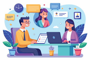 Two colleagues are working together at a sleek desk in a contemporary office. They engage with digital screens and share ideas in a vibrant workspace.