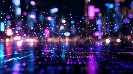 Fototapeta premium Futuristic digital landscape with glowing neon lights, bokeh effects and reflective surface creating abstract cyberpunk atmosphere in pink, purple and blue colors.