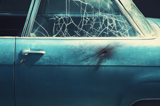 Fototapeta Rusting classic vehicle with cracked window and black mark parked in urban area