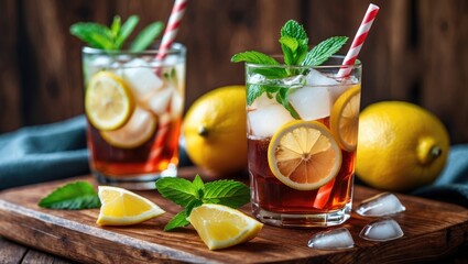 Chilled iced tea with lemon wedges, mint leaves, and ice cubes on a rustic wooden backdrop, close-up view. A refreshing summer beverage made at home.