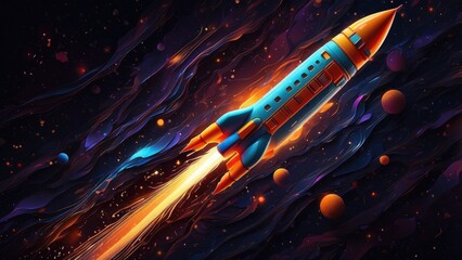 Digital illustration of a rocket made of glowing orange geometric lines and points