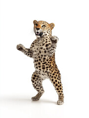 happy leopard dance , stand up by two legs and funny dance , smile, realistic pose, full body, natural light, full hd 8K, white isolated background, hyperrealistic photography