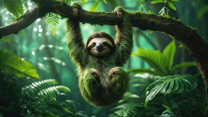 Fototapeta premium Sloth hanging from a branch in a lush green forest.