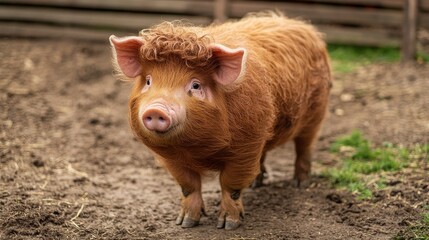Fototapeta premium A Charming Brown Pig Standing Happily in Muddy Surroundings
