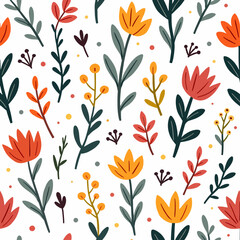 Floral colorful seamless Pattern. Hand drawn Flowers and branches in Scandinavian style. Cute Spring summer plants botanical Background