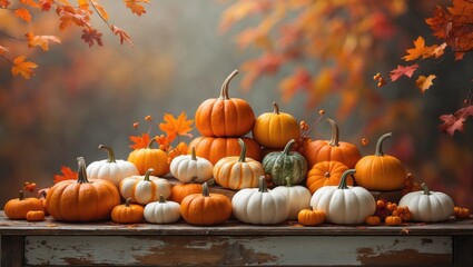 Thanksgiving celebration with produce on wooden surface during fall.