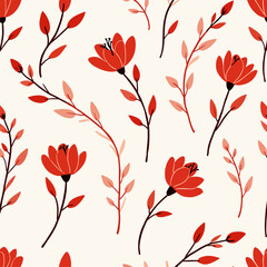 Seamless pattern with Red flowers, Hand drawn Flowers and branches in Scandinavian style