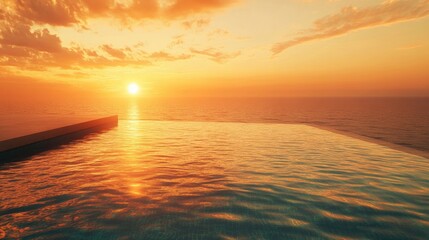 Obraz premium Tranquil Infinity Pool at Sunset Over Ocean with Vibrant Colors and Reflective Water Surface