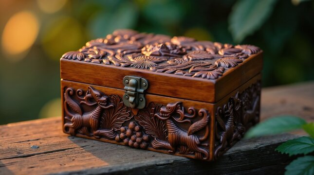 Intricately carved wooden keepsake box on rustic wood surface