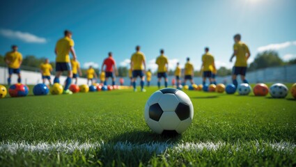 Soccer ball on green grass with children practicing