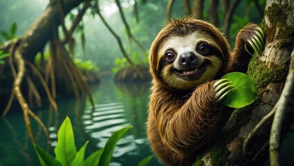 Fototapeta premium Smiling baby Brown-throated Three-toed sloth nestled in the mangrove.