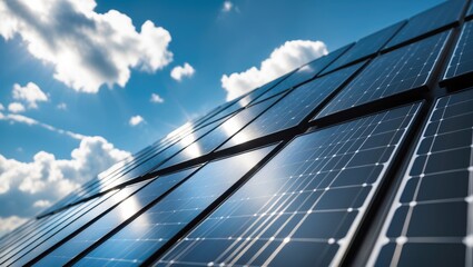 Close-up view of a grid featuring renewable solar energy. Construction of a solar panel system on a roof. Installation of solar photovoltaic panels. Background showcasing the solar cell system and ...