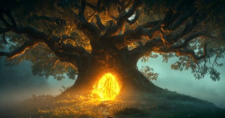 A magical tree with a glowing doorway in a misty forest at night. - Powered by Adobe