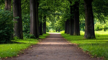 Fototapeta premium Serene path through lush green trees in a park.