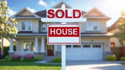 Fototapeta premium Sold House For Sale Sign in Front of Lovely Home.