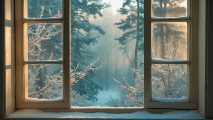 Fototapeta premium Snow-covered forest scene seen through a white window.