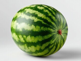 Green watermelon with dark stripes and a red stem sits on a white surface, highlighting its smooth, rounded shape and vibrant colors in natural light. No text is present