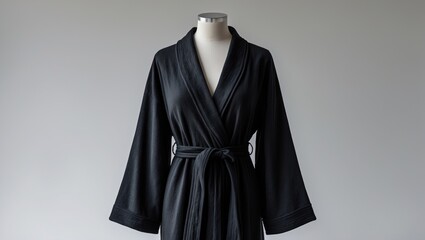 Soft woolen dressing gown or housecoat viewed from the front. Black bathrobe set against a neutral background.