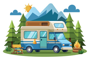 The camper van is parked in a lush green area surrounded by coniferous trees. A warm campfire crackles beside it under a bright sun with mountains in the background.