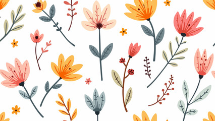 Floral colorful seamless Pattern. Hand drawn Flowers and branches in Scandinavian style. Cute Spring summer plants botanical Background