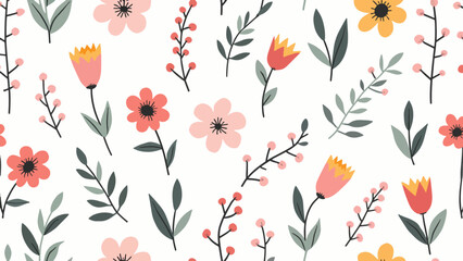 Seamless pattern with flowers, Hand drawn Flowers and branches in Scandinavian style