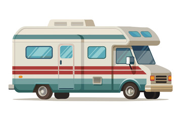 A recreational vehicle stands ready for a family getaway, showcasing its vibrant blue and red stripes, perfect for summer road trips and outdoor adventures.
