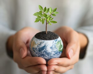 A pair of hands cradles a small globe with a young plant growing, symbolizing environmental care and sustainability.