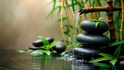 Spa still life featuring a bamboo fountain and Zen stones.