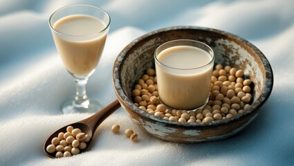 Soybeans in a wooden bowl on a white background, protein concept.