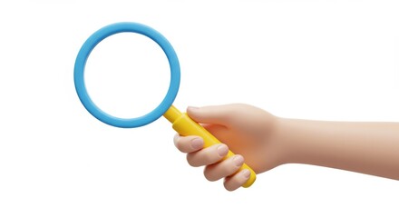 Cartoon hand holding magnifying glass for research and discovery concept