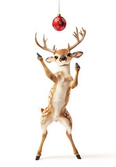 happy rain deer dance , stand up by two legs and funny dance , smile, realistic pose, full body, natural light, full hd 8K, white isolated background, hyperrealistic photography