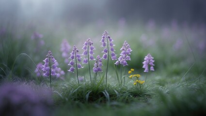 Obraz premium Soft purple blossoms rise elegantly from lush grass, creating a tranquil image of spring's gentle touch.