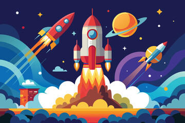 Obraz premium A dynamic illustration depicts rockets launching into space amidst colorful planets, stars, and swirling clouds, showcasing a lively cosmic adventure.