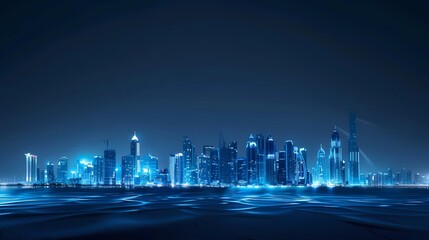 A panoramic view of the city skyline at night, illuminated by blue lights, Generative AI illustrations.