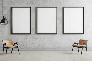 Three blank frames on a wall with two chairs and a lamp in a minimalist interior design setting