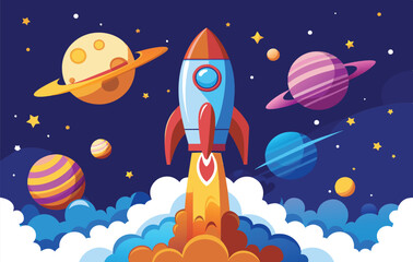 A vibrant rocket launches into the cosmos amid swirling clouds and various colorful planets, evoking a sense of adventure and exploration in outer space.