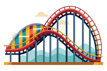 Obraz premium A vibrant roller coaster features colorful tracks with steep rises and drops, surrounded by soft clouds and green hills in the background on a bright day.