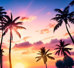 Fototapeta premium Palms silhouettes at neon sunset sky.Night landscape with palm trees on beach. Creative trendy summer tropical background,Vacation travel Retro,synthwave,retrowave style.Rave party,generative ai