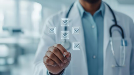 A healthcare professional interacts with digital checkboxes, symbolizing task completion and efficiency in a modern medical environment.