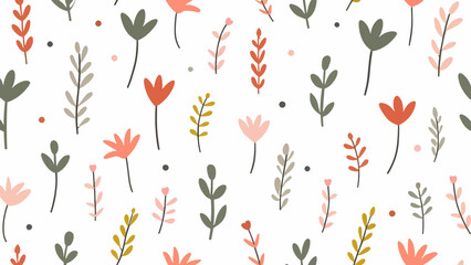 Seamless floral pattern, Floral colorful seamless Pattern. Hand drawn Flowers and branches in Scandinavian style. Cute Spring summer plants botanical Background